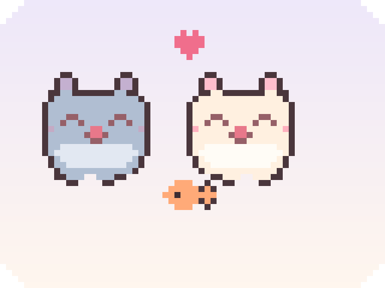 two pixel cats sharing a fish snack